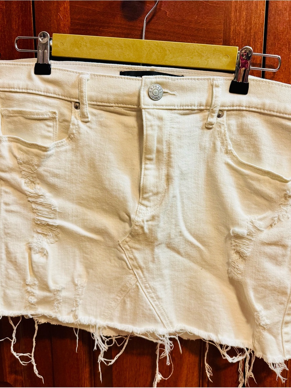 Express White Denim Mini Skirt with Frayed Hem